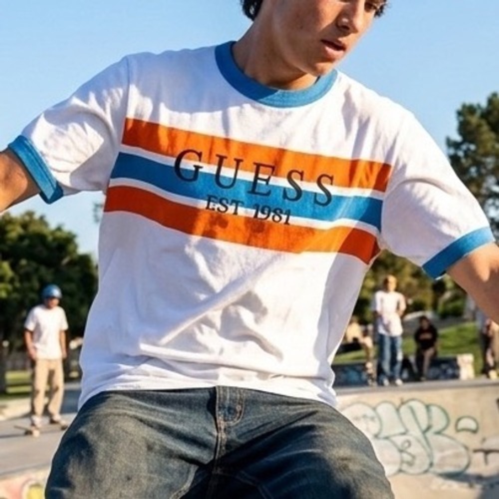 Guess Los Angeles Mens Striped Ringer Small T-Shirt Embroidered